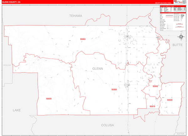 Glenn County, CA Map Red Line Style