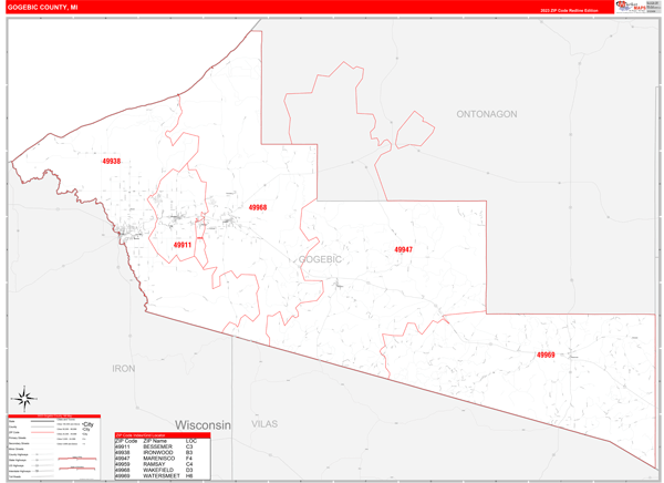Gogebic County, MI Zip Code Map