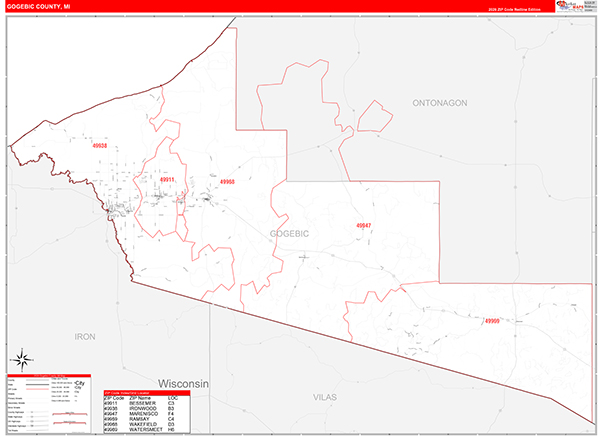 Gogebic County, MI Zip Code Map