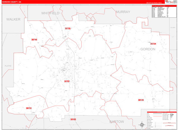 Gordon County, GA Zip Code Wall Map Red Line Style by MarketMAPS - MapSales