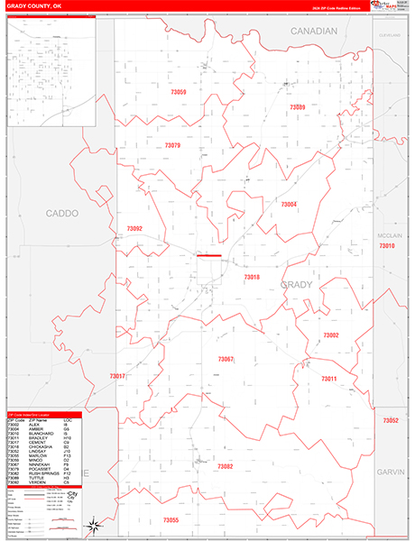 Grady County, OK Zip Code Wall Map