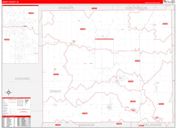 Grant County, IN Map Red Line Style