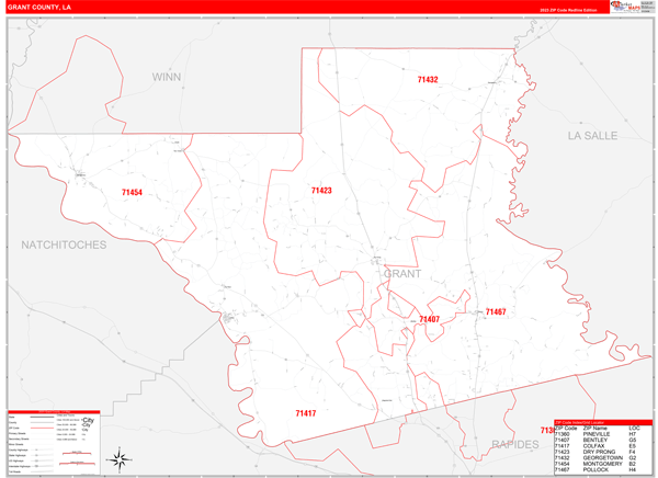 Grant Parish (County), LA Zip Code Wall Map
