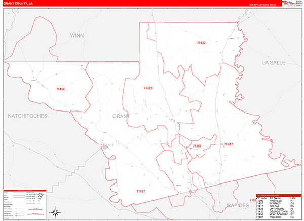 Grant Parish (County), LA Wall Map Red Line Style
