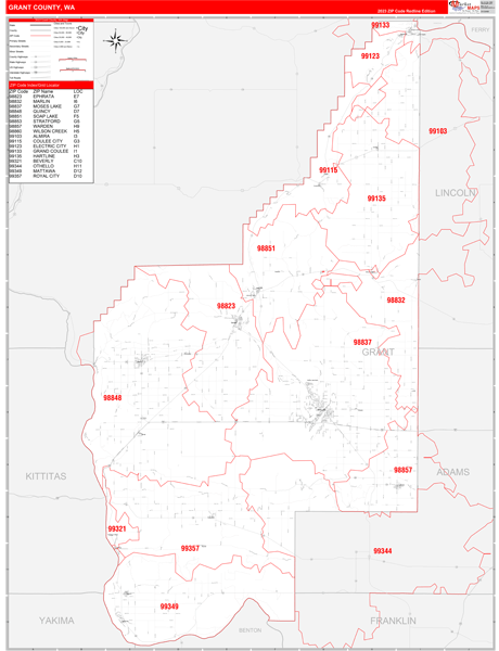 Grant County, WA Wall Map Red Line Style