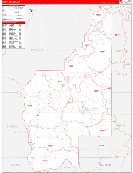 Grant County, WA Wall Map Red Line Style
