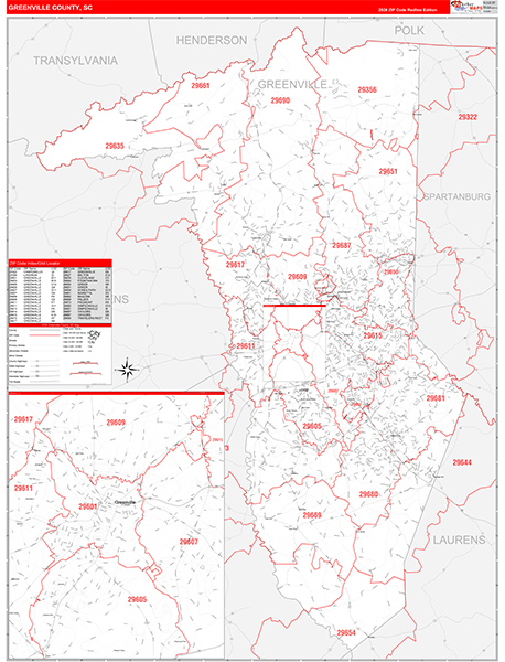 Greenville County, SC Zip Code Wall Map