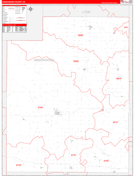 Greenwood County, KS Zip Code Wall Map