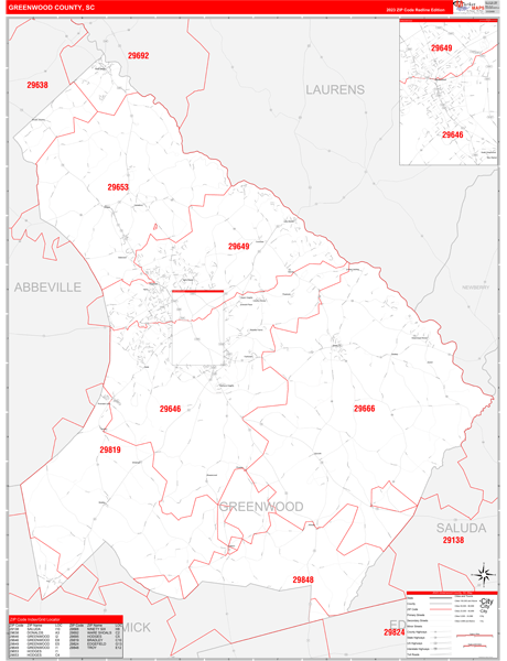 Greenwood County Wall Map Red Line Style