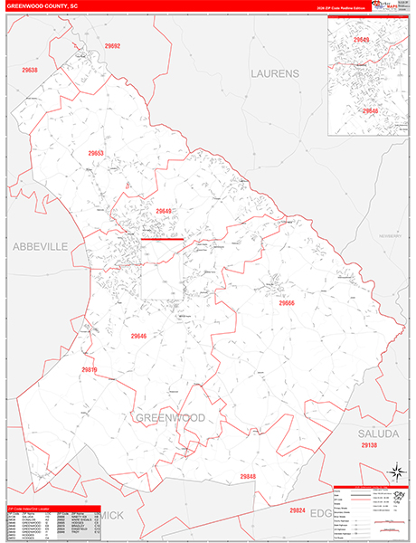 Greenwood County, SC Zip Code Wall Map