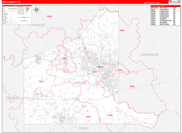 Gregg County, TX Zip Code Map