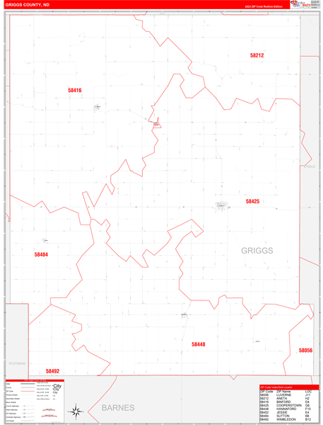 Griggs County Wall Map Red Line Style