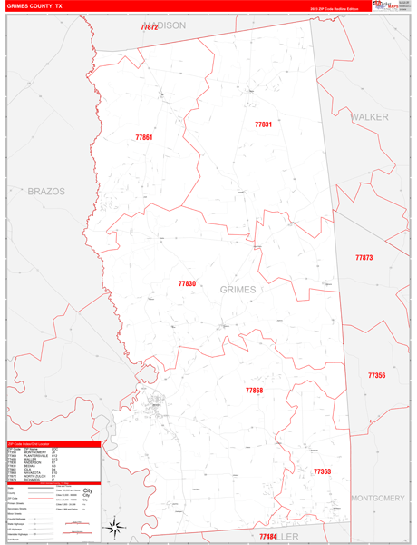 Grimes County Wall Map Red Line Style