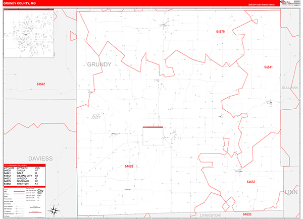 Grundy County, MO Map Red Line Style