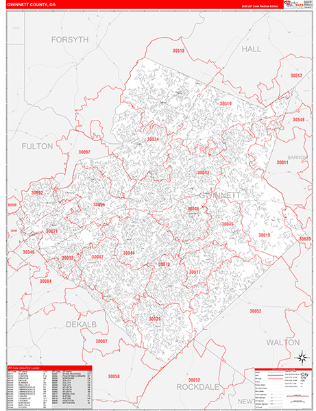 Gwinnett County Wall Map Red Line Style