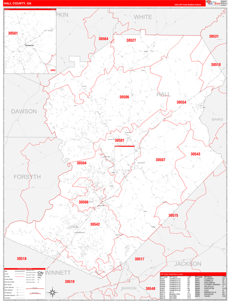 Hall County, GA Zip Code Wall Map