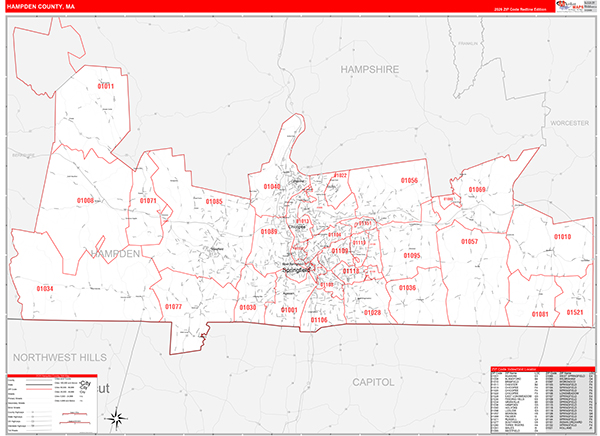 Hampden County, MA Wall Map Red Line Style