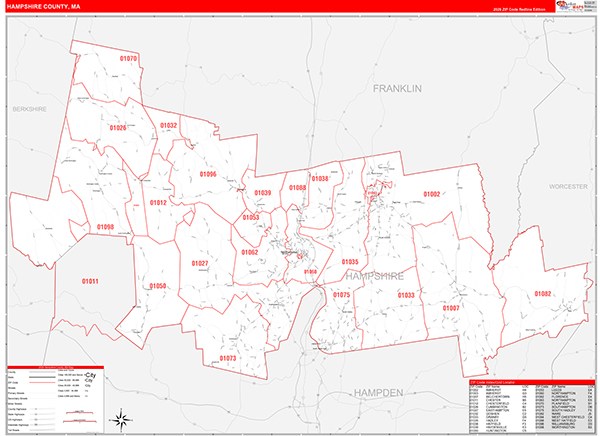 Hampshire County, MA Wall Map Red Line Style