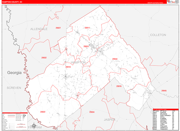 Hampton County, SC Zip Code Wall Map