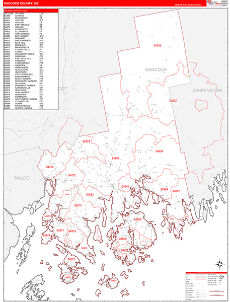 Hancock County, ME Wall Map Red Line Style