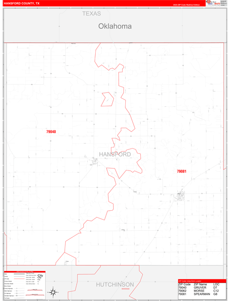 Hansford County Digital Map Red Line Style