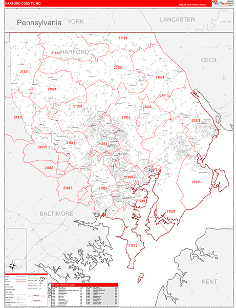 Harford County, MD Zip Code Wall Map