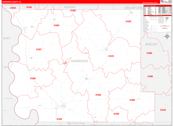 Harrison County Wall Map Red Line Style