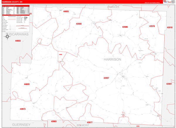 Harrison County Wall Map Red Line Style