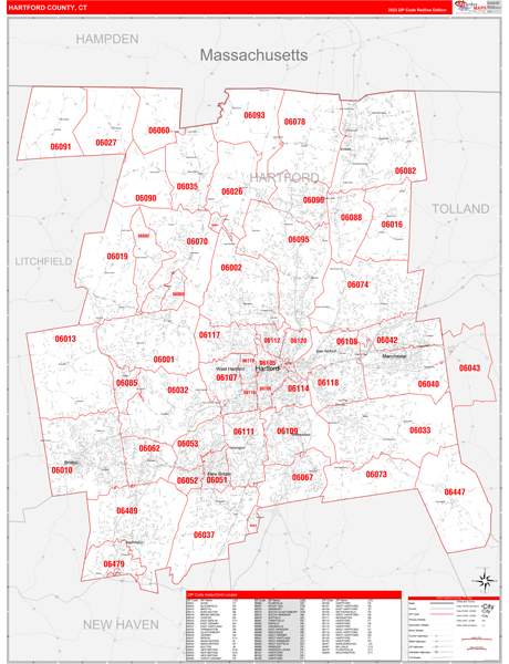 Hartford County, CT Zip Code Wall Map Red Line Style by MarketMAPS