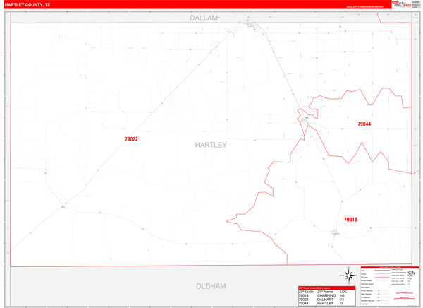 Hartley County Digital Map Red Line Style
