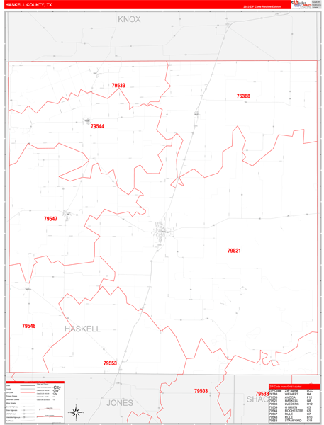 Haskell County Wall Map Red Line Style