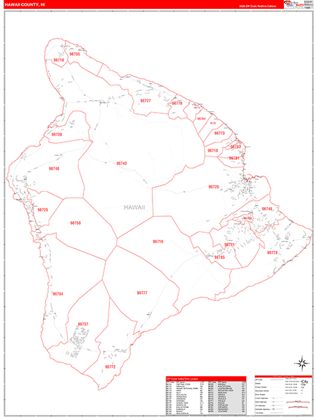 Hawaii County, HI Zip Code Wall Map