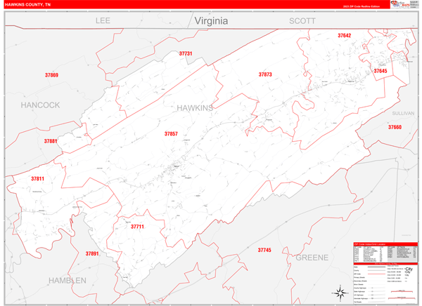 Hawkins County Wall Map Red Line Style
