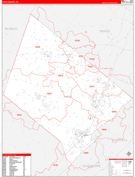 Hays County, TX Zip Code Map