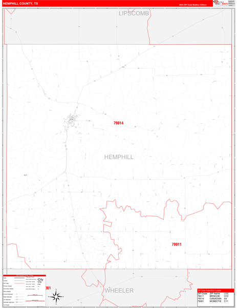 Hemphill County, TX Wall Map Red Line Style
