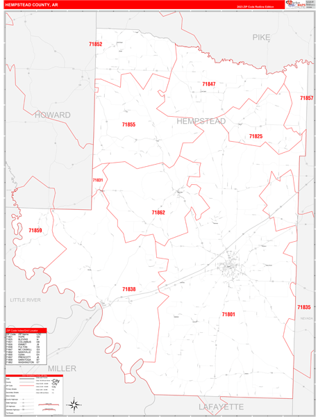 Hempstead County, AR Wall Map Red Line Style
