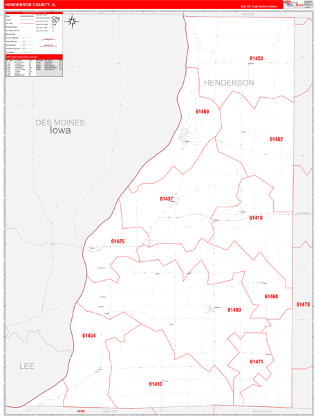 Henderson County, IL Wall Map Red Line Style