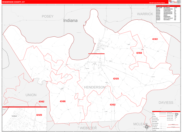 Henderson County Wall Map Red Line Style