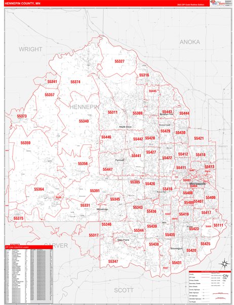 Hennepin County, MN Zip Code Wall Map Red Line Style by MarketMAPS