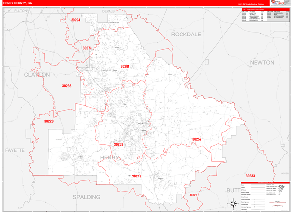 Henry County, GA Wall Map Red Line Style