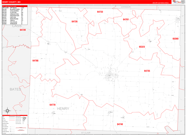 Henry County, MO Wall Map Red Line Style