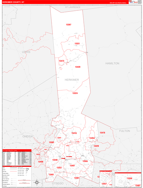 Herkimer County Wall Map Red Line Style