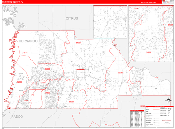 Hernando County, FL Zip Code Wall Map
