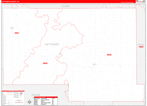 Hettinger County, ND Wall Map Red Line Style