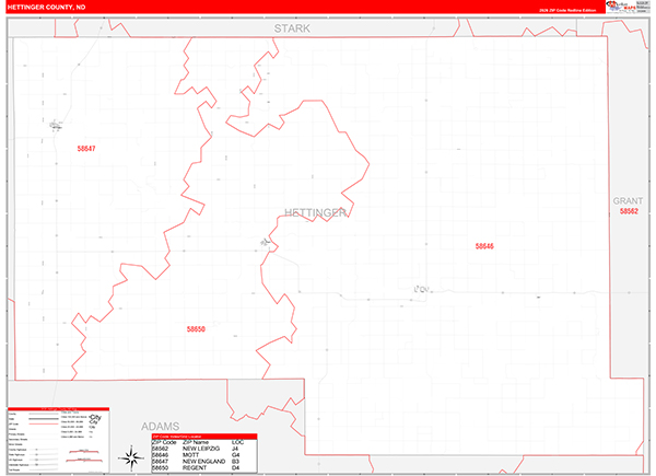 Hettinger County, ND Wall Map Red Line Style