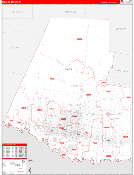 Hidalgo County, TX Zip Code Wall Map Red Line Style by MarketMAPS