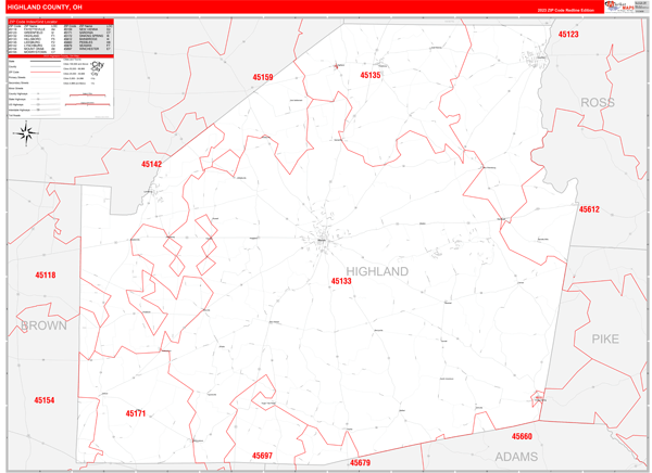 Highland County, OH Zip Code Wall Map