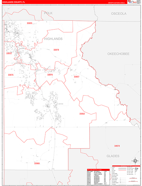 Highlands County Wall Map Red Line Style