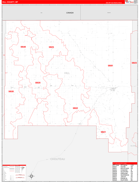 Hill County Wall Map Red Line Style