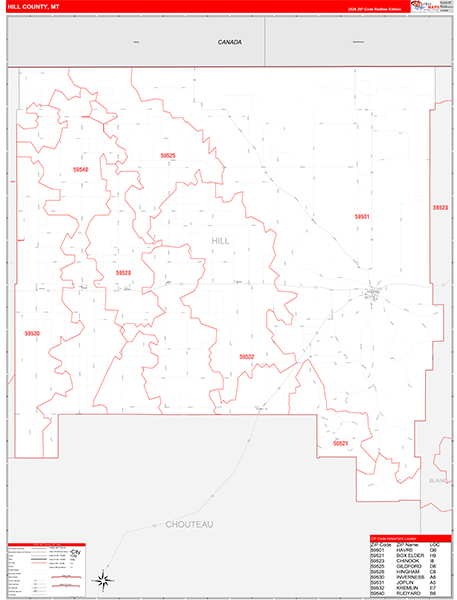 Hill County, MT Zip Code Wall Map